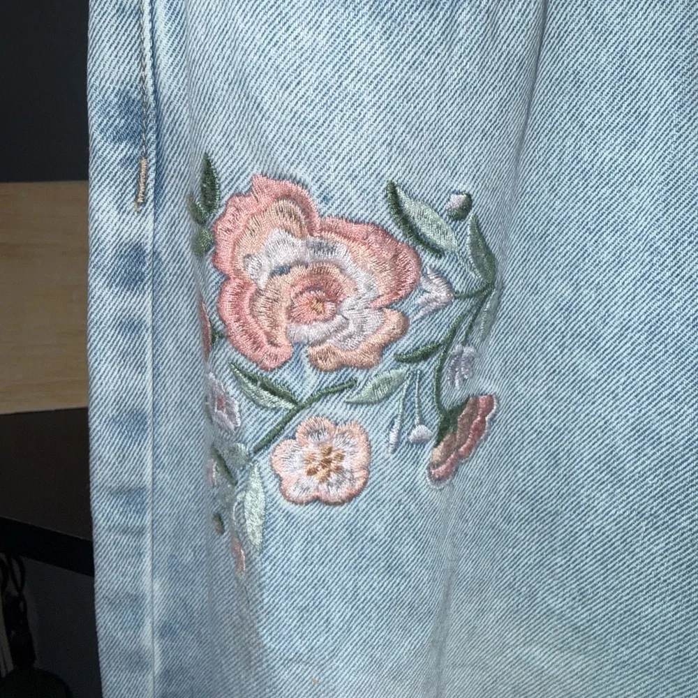 Justice Light Wash Straight-Leg Jeans with Pink Floral Embroidery